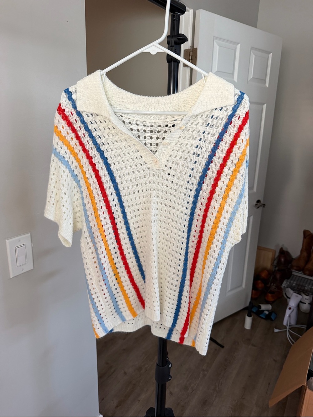 Cream Open-Knit Short-Sleeve Sweater with Rainbow Stripes